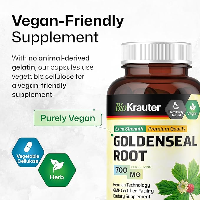 BIO KRAUTER Goldenseal Root Capsule 700 mg - 100 Golden Seal Powder Caps - Respiratory & Digestive Support - Vegan, No Fillers