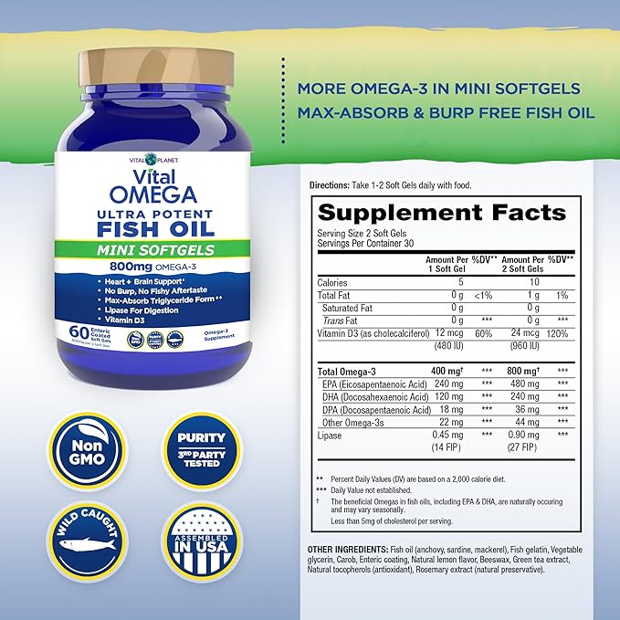 Vital Planet - Vital Omega 3 Fish Oil Mini Softgels Supplement with 800mg of High Potency Wild Caught Omega 3 Fatty Acid Supplements EPA DHA and DPA for Heart Health 60 Softgels (Packaging May Vary)