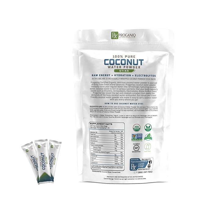 X PROGANIQ Coconut Water Powder Stixx - Pure Coconut Electrolyte Drink in Travel Size Packets - 15 Count - Turn Water into Coconut Water - Ideal for On-the-Go Hydration - Easy, Portable and Refreshing