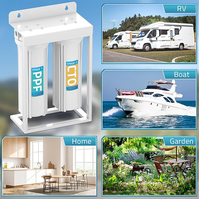 PAULINN External RV Dual Water Filters System, Lead-Free & BPA-Free Camper Water Filter with Brass Fittings & Mounting Bracket & Two Filters, Reduces Sediment, Chlorine, Bad Taste and Odors