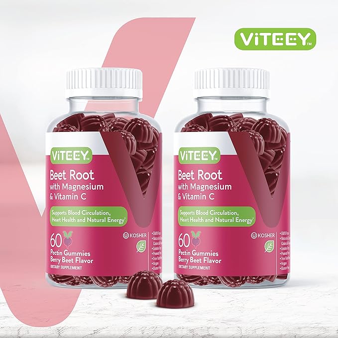 Viteey Beet Root Gummies with Magnesium & Vitamin C - Beetroot Supplement for Heart Health, Blood Pressure Support - Vegan, Gluten-Free - 120 Count