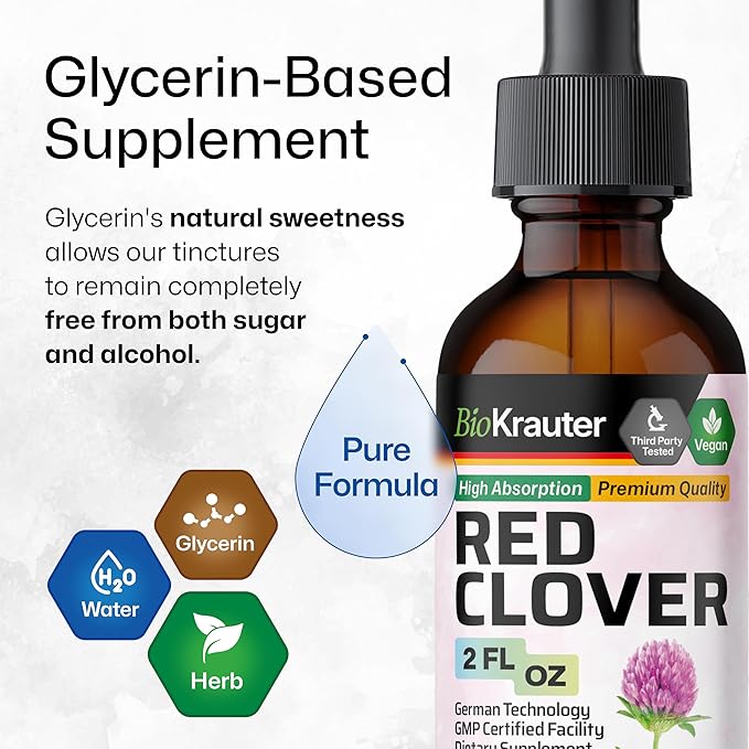 BIO KRAUTER Red Clover Tincture - Red Clover Extract - Liquid Supplement for Women's Support - Alcohol and Sugar Free - Vegan Drops 2 Fl.Oz.