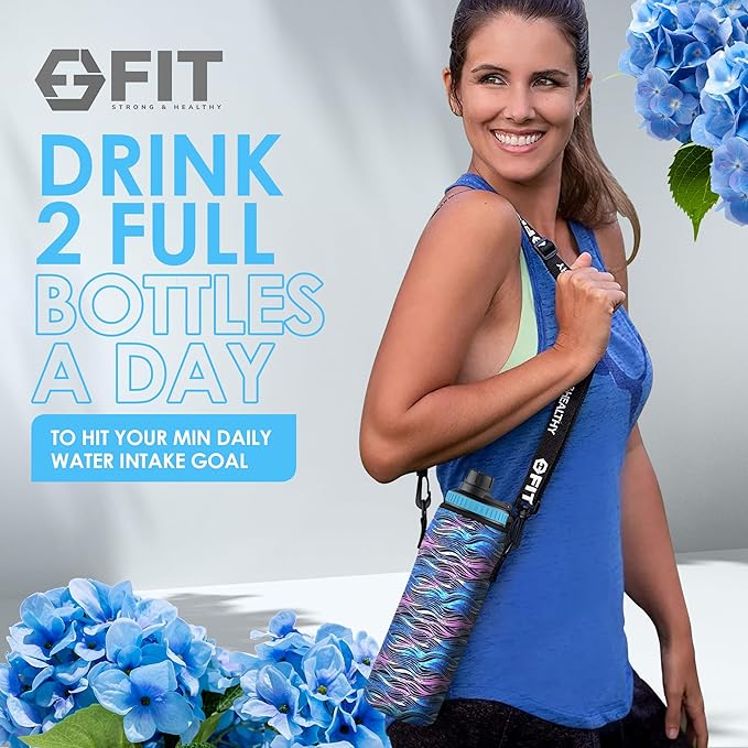 FIT Strong & Healthy 32 oz Glass Water Bottle with Straw Lid, Time Marker, Sleeve & Extra Lid - Motivational, Wide Mouth 1 Liter Glass Drinking Bottle