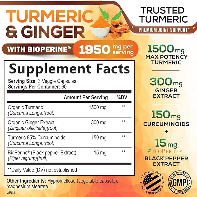 Turmeric Curcumin Supplement 1950mg - 95% Curcuminoids with Organic Turmeric & Ginger, BioPerine Black Pepper for Best Absorption, Nature's Vegan Joint Support, Non-GMO, Bottled in USA - 180 Capsules