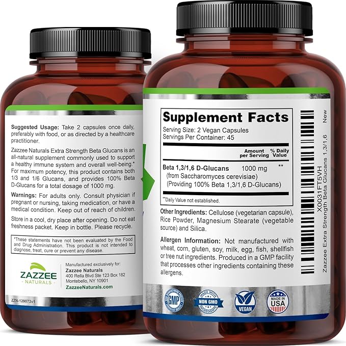 Zazzee Extra Strength 1,3/1,6 Beta Glucans, 1000 mg, 100% Concentrated, 90 Vegan Capsules, Supports a Healthy Immune System, 100% Vegetarian, All-Natural and Non-GMO