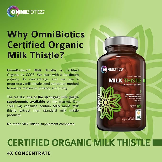 OmniBiotics Organic Milk Thistle Supplement 1500mg β 4X Concentrated Extract with Silymarin β High Potency Liver Detox & Support β 120 Vegan Capsules