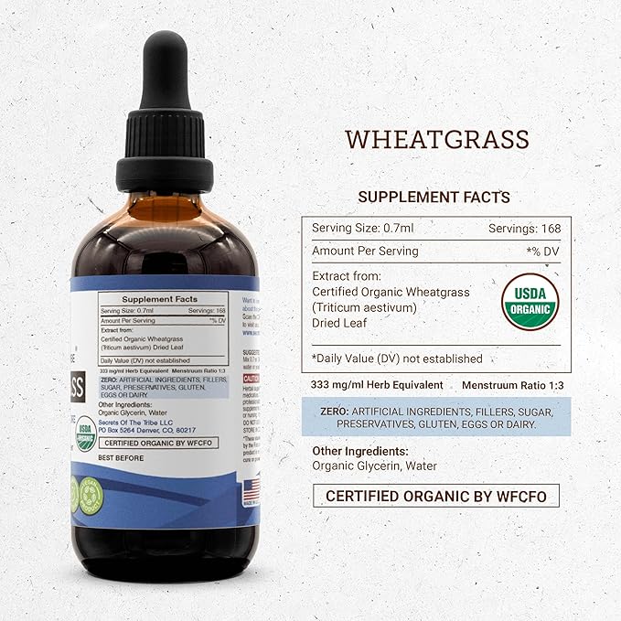 Secrets of the Tribe Wheatgrass Alcohol-Free Liquid Extract, USDA Organic Wheatgrass (Triticum aestivum) Dried Leaf (4 FL OZ)
