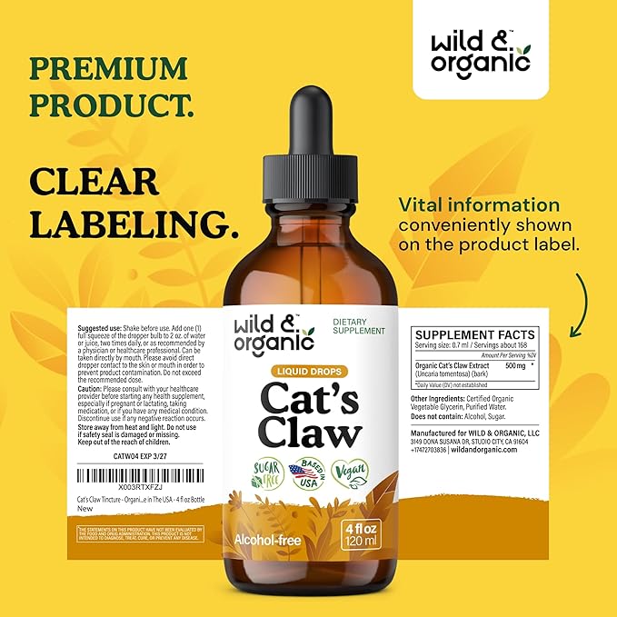 Wild & Organic Cats Claw Tincture - Immune Support Supplement - Cats Claw Herb Liquid Extract - Vegan, Sugar & Alcohol-Free Bark Based Drops - 4 fl oz