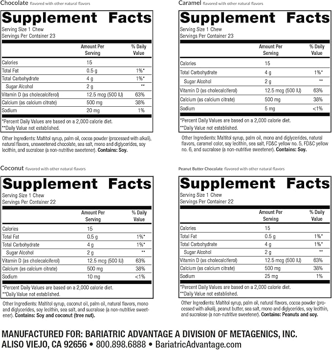 Bariatric Advantage Calcium Citrate Chewy Bites 500 mg - Highly Absorbable & Digestible - Vitamin D3 - Easily Chewable Calcium Supplement - Assorted Sweet Flavor - 90 Count