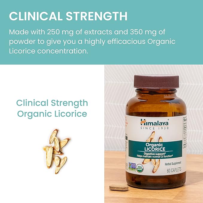 Himalaya Organic Licorice, 120 Day Supply - Digestive Health Supplement for Upset Stomach, Occasional Bloating and Heartburn - USDA Organic, Vegan, Non-GMO, Non-DGL, Gluten Free, 60 Caplets, 2 Pack