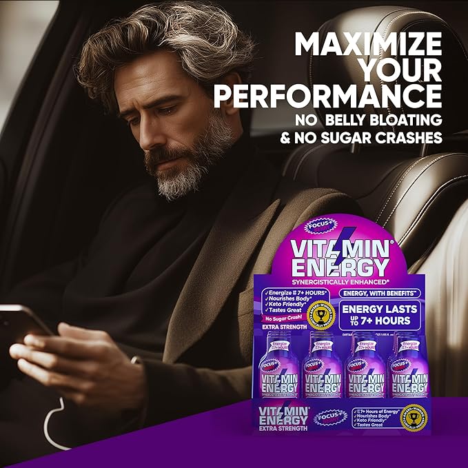 Vitamin Energy Focus+ Extra Strength Energy Shot Berry 48 Pack, 260mg Natural Caffeine, B-Vitamins, CoQ10, Amino Acids, Focus, Productivity & Clarity, Zero Sugar, Gluten-Free, 1.93 fl oz