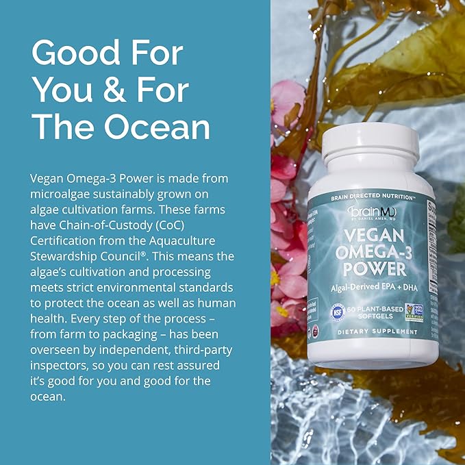 BRAINMD Dr Amen Vegan Omega-3 Power - 60 Plant-Based Softgels - 1,100 mg of EPA & DHA - Supports Focus, Memory & Heart Health - Vegan, Gluten Free & Non-GMO - 30 Servings