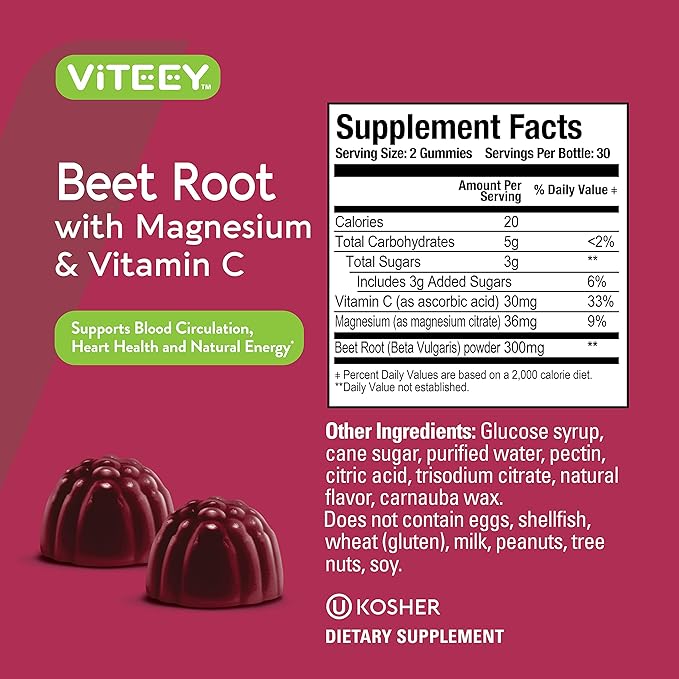 Viteey Beet Root Gummies with Magnesium & Vitamin C - Beetroot Supplement for Heart Health, Blood Pressure Support - Vegan, Gluten-Free - 60 Count