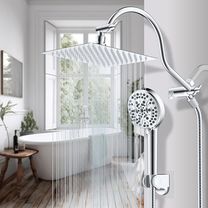 Hibbent All Metal Shower Head, 8'' High Pressure Rainfall Shower Head, Handheld Showerhead Combo with 12'' Adjustable Curved Extension Arm, 10-Spray, 71'' Hose, Adhesive Showerhead Holder, Chrome