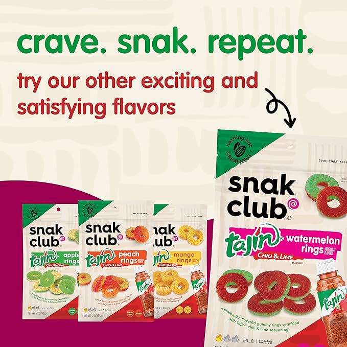 Snak Club Tajin Pineapple Rings Gummy Candy, Fruit Candy Gummies with Chili and Lime Seasoning, Mild, Gluten-Free and Vegan Snacks, 11 oz Resealable Bag