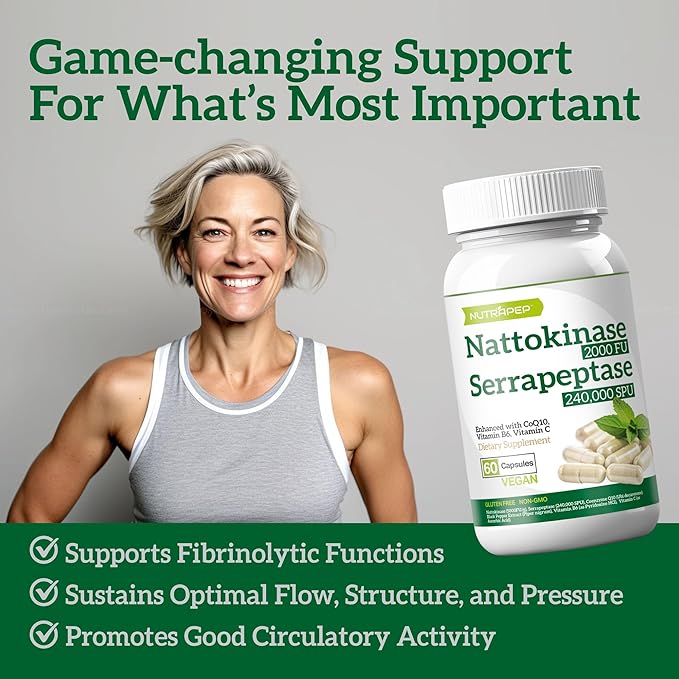 Nattokinase 2000 FU Serrapeptase 240000 SPU Supplement - Enhanced with Coenzyme CoQ10 Vitamin B6 Vitamin C Black Pepper Extract - Nattokinase 400mg Capsule for Men Women