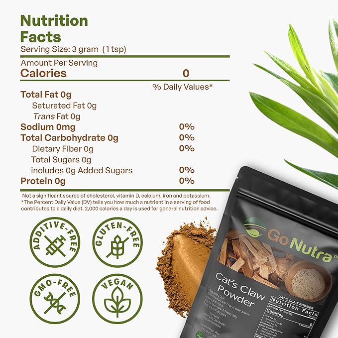 Go Nutra - Cat’s Claw Powder, Pure Cats Claw Herbal Supplement Wildly Harvested from Peru, All Natural UNA de Gato for Water, Tea, Juice, and More, Non-GMO, Gluten-Free, Vegan, 8 oz