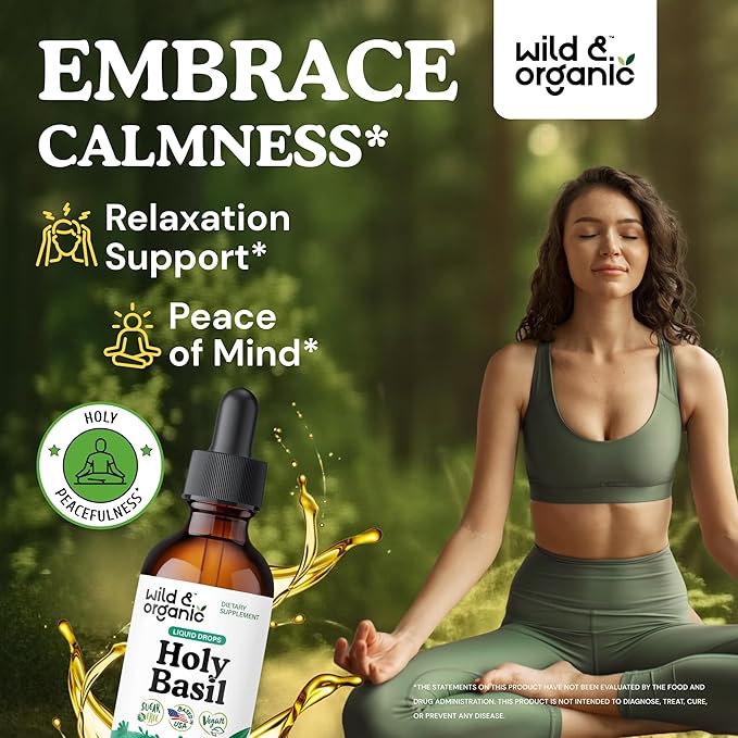 Wild & Organic Holy Basil Leaf Tincture - Relaxation, Calmness, Mood Support - Tulsi Holy Basil Supplement - Vegan, Sugar & Alcohol-Free Herb Extract Drops - 2 fl oz