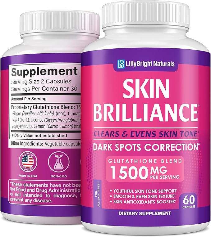 Glutathione Capsules - 1,500mcg L-Glutathione Supplement with Vitamin C - Skin Tone Enhancer - Targets Dark Spots & Acne Marks - Potent Antioxidant - 60 Skin Pills