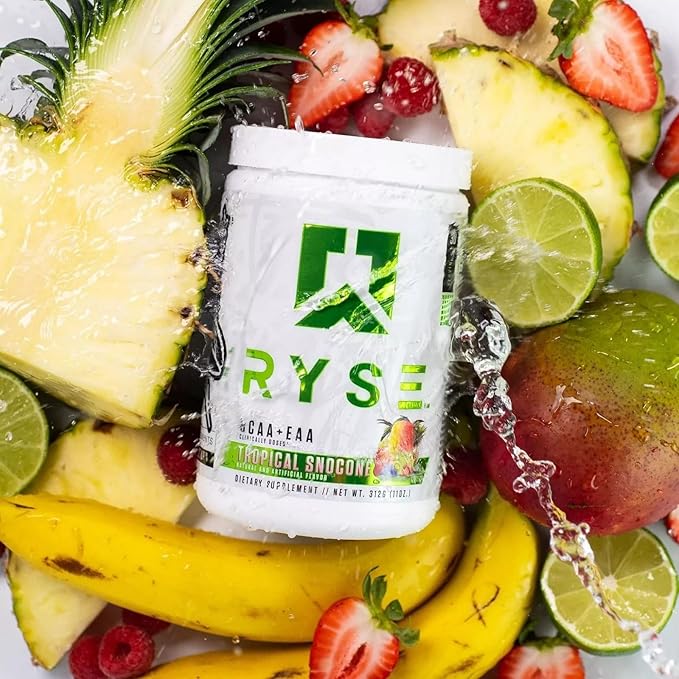 RYSE BCAA EAA Powder - Tropical Snocone - 5g Branched Chain Amino Acids, 3g Essential Aminos, Sugar-Free Electrolytes for Pre & Post Workout Muscle Recovery, Hydration and Strength - 30 Servings