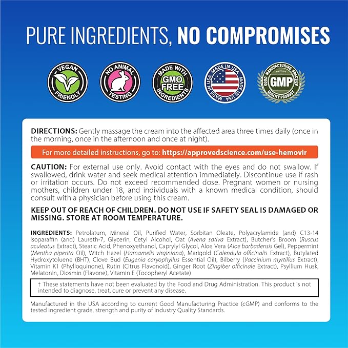 Approved Science Hemovir Cream - Hemorrhoid Support - 2 Fl Oz - Stops Itching and Optimizes Blood Flow - Restores Damaged Skin Tissue - Non GMO - Made in The USA