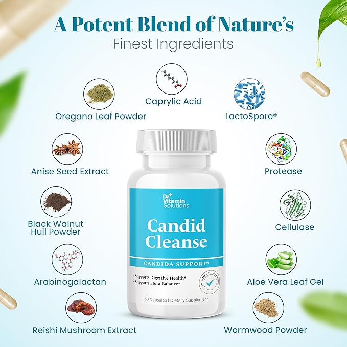 DR VITAMIN SOLUTIONS Candid Cleanse Supplement with GLP-1 Support - Oregano Leaf, Caprylic Acid & LactoSpore | Candida Support Pills for Digestive Health | Candida Cleanse Detox for Women & Men | 30