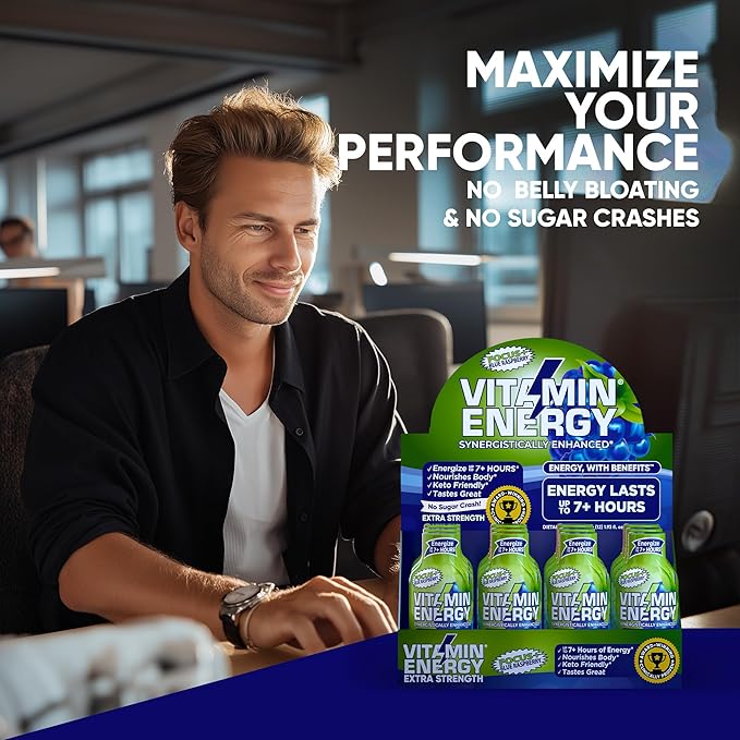 Vitamin Energy Focus+ Extra Strength Energy Shot Blue Raspberry 24 Pack, 260mg Natural Caffeine, B-Vitamins, CoQ10, Amino Acids, Focus, Productivity & Clarity, Zero Sugar, Gluten-Free, 1.93 fl oz