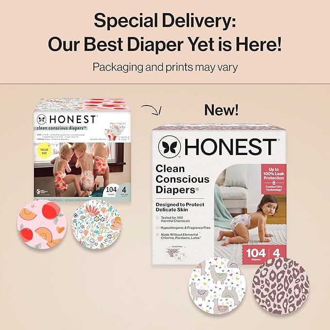 The Honest Company Clean Conscious Diapers for Delicate Skin | Up to 100% Leakproof | Hypoallergenic, Fragrance Free | Girl Prints | Super Club Box, Size 4 (22-37 lbs), 104 Count (Prints May Vary)