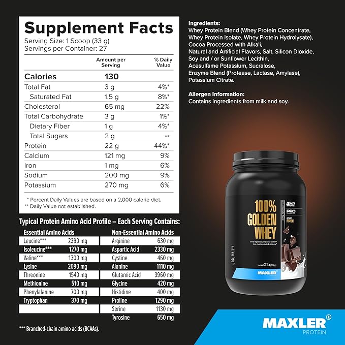 Maxler 100% Golden Whey - 22g of Protein per Serving - High Protein, Low Fat, Low Carb, Complete Amino Acid Profile - Rich Chocolate Protein 2 lb