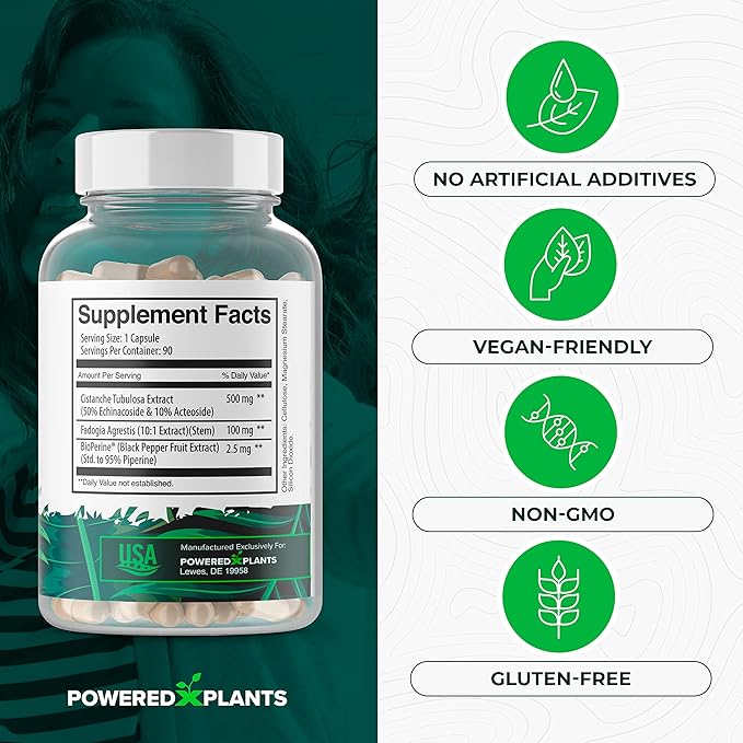 Cistanche Tubulosa with Fadogia Agrestis - Promotes Vitality - Natural Supplements for Men & Women with Bioperine by Powered X Plants, 90 Servings