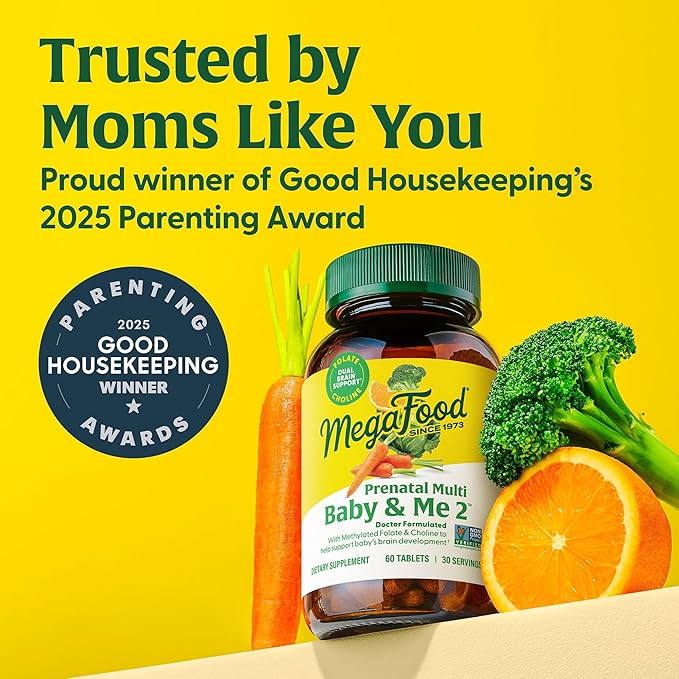MegaFood Baby & Me 2 Prenatal Vitamin and Minerals - Vitamins for Women - with Folate (Folic Acid Natural Form), Choline, Iron, Iodine, and Vitamin C, Vitamin D and more - 60 Tabs (30 Servings)