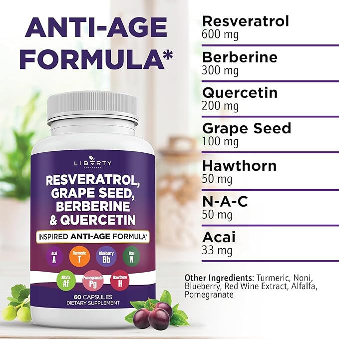 Resveratrol, Berberine, Grape Seed Extract, Quercetin, Polyphenol Supplement for Women and Men with Noni Extract, N-Acetyl Cysteine, Acai Extract (60 Count)