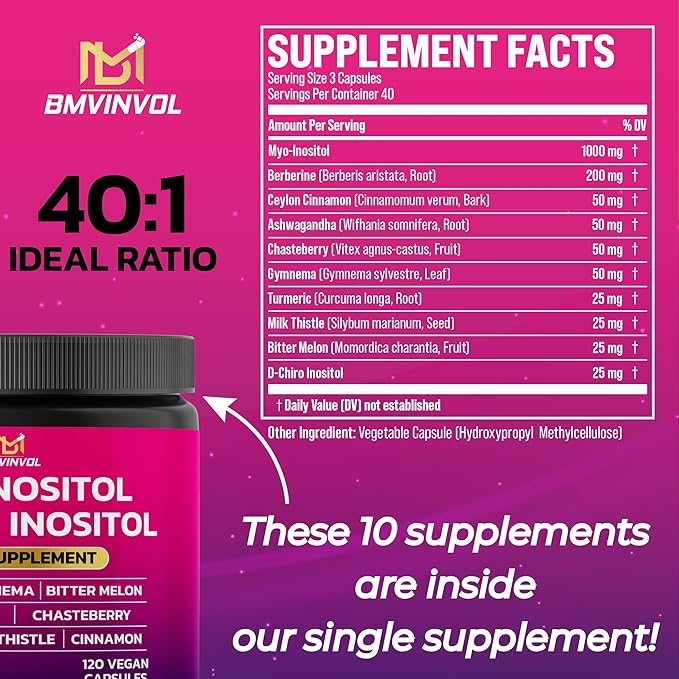 BMVINVOL Inositol Supplement - Myo-Inositol and D-Chiro Inositol Ideal 40:1 Ratio - Plus Berberine, Cinnamon, Ashwagandha + 5 More - 120 Capsules