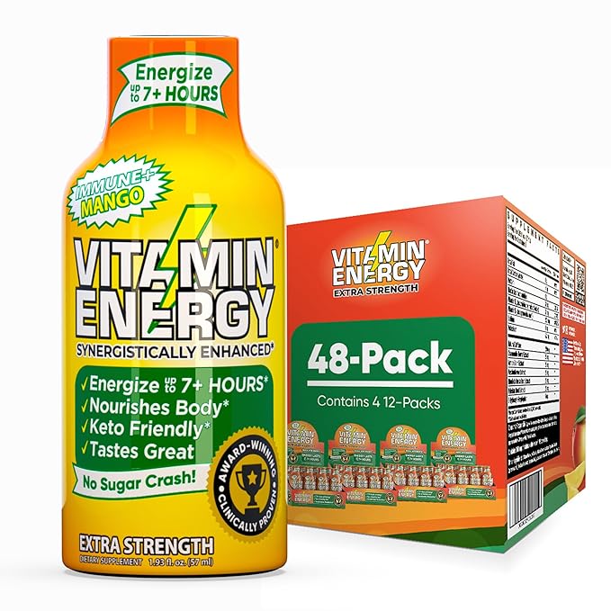 Vitamin Energy Immune+ Extra Strength Energy Shot Mango 48 Pack, 260mg Natural Caffeine, B-Vitamins, Citicoline, Green Tea, Immunity & Focus Support, Zero Sugar, Gluten-Free 1.93 fl oz