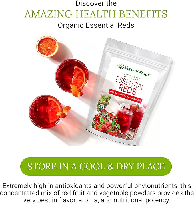 Z Natural Foods Organic Essential Reds, Organic Juice Powder, Super Blend of 10 Red Fruits and Vegetables, Superfood Smoothie Powder, Non-GMO, Vegan, 1 lb