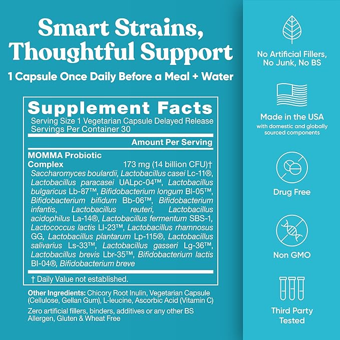 Momma Prenatal Probiotics Mom & Baby – Gut and Digestive Postpartum, Nursing, Morning Sickness Pregnancy Relief – 18 Clinically Proven Strains, 14 Billion CFU, Prebiotic – 30 Mini Vegan Capsules
