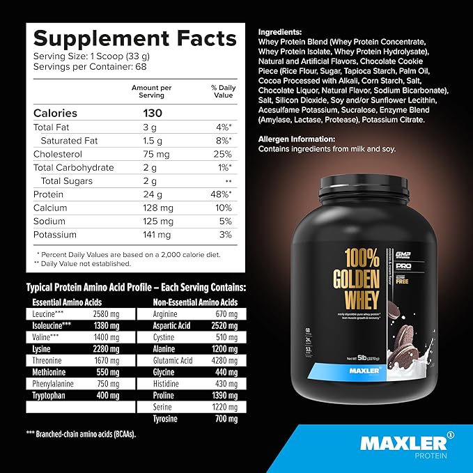 Maxler 100% Golden Whey Protein - 24g of Protein per Serving - Premium Whey Protein Powder for Pre Post Workout - Fast-Absorbing Whey Concentrate, Isolate & Hydrolysate Blend - Cookies & Cream 5 lb