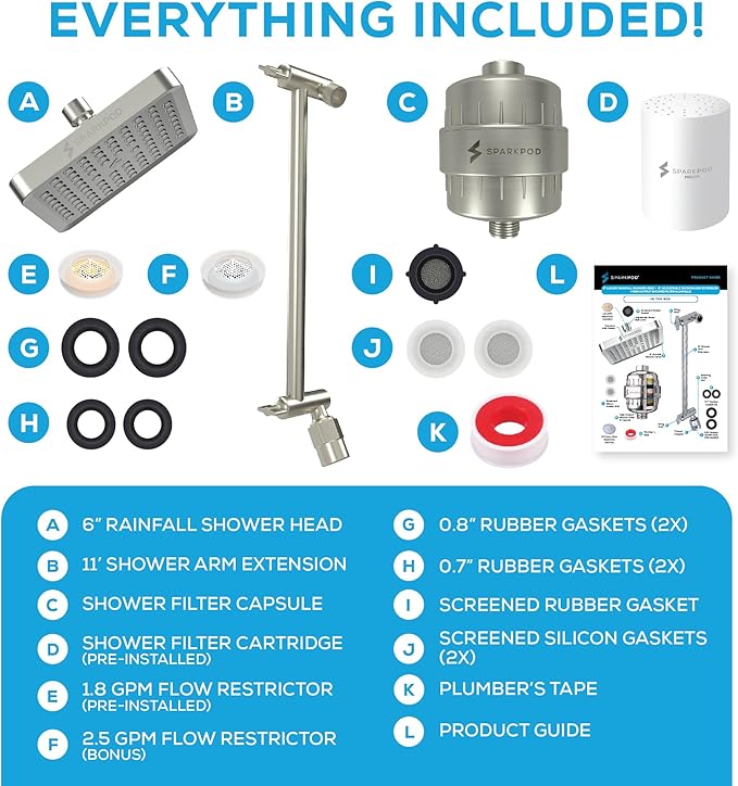 SparkPod 6" High Pressure Rain Shower Head with 23 Stage Filter Capsule & 11 Inch Adjustable Shower Arm Extension -Shower Filter Reduces Chlorine for Smoother Hair & Skin (Square, Brushed Nickel)