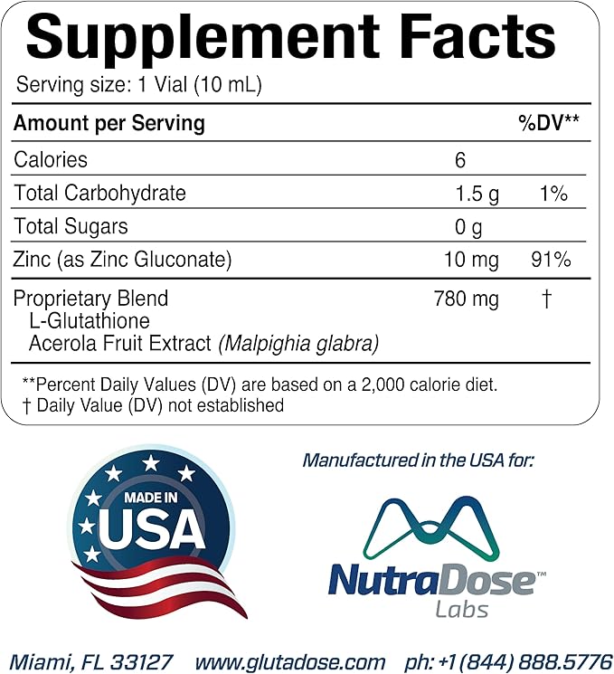 Liquid Glutathione Supplement, Lemon Berry Flavored Acerola Energy Booster w/Zinc, Daily Vitamins & Minerals, Zero Sugar Formulation, Everyday Auto-Immune Support for Adults, 0.34 fl oz, Pack of 60