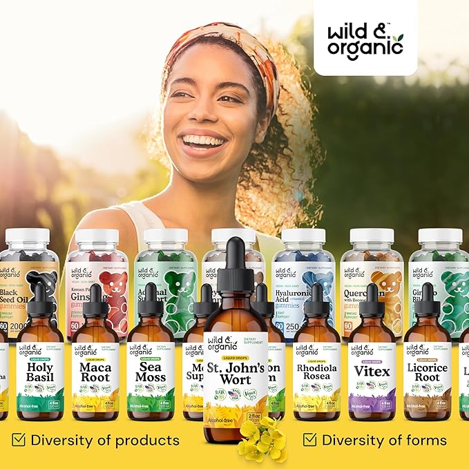 Wild & Organic St Johns Wort Tincture - Mood Support - Relaxing St. John's Wort Supplement - Liquid Hypericum Perforatum Herb Drops - Vegan, Sugar & Alcohol-Free - 2 fl oz