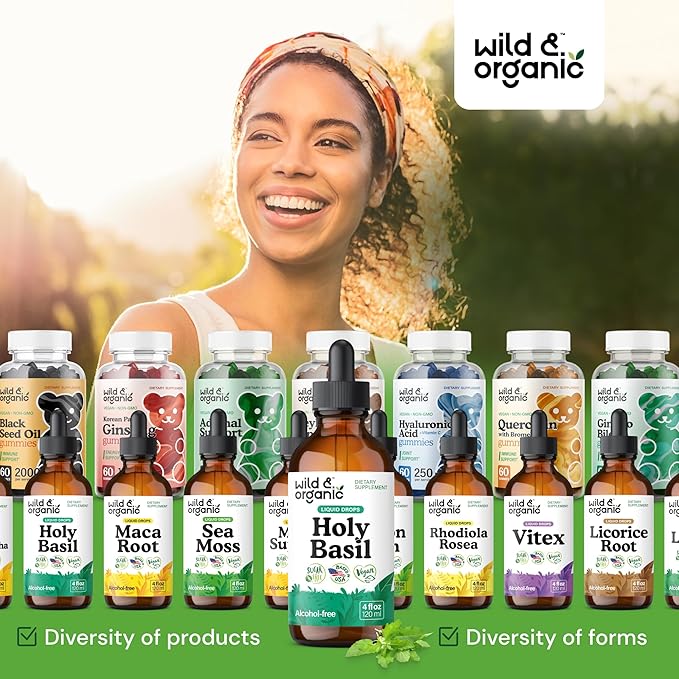 Wild & Organic Holy Basil Tincture - Relaxation & Calmness Support - Liquid Holy Basil Leaf Supplement - Tulsi Drops - Vegan, Sugar & Alcohol-Free Extract - 4 fl oz