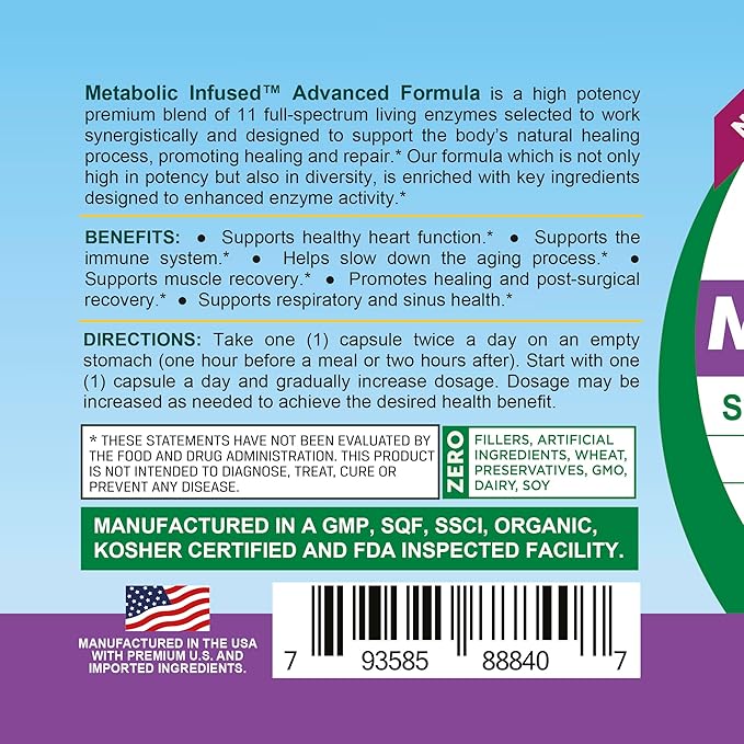 Life Infused Metabolic Infused - Blend of Premium 11 Systemic Enzymes & 72 Key Minerals for Optimal Bodily Functions and Healthy Immune System - Vegan Approved - 90 Servings
