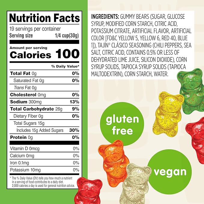 Snak Club Tajin Gummy Bears, Assorted Fruit Candy Gummies with Chili and Lime Seasoning, Mild, Gluten-Free and Vegan Snacks, 20 oz Resealable Bag