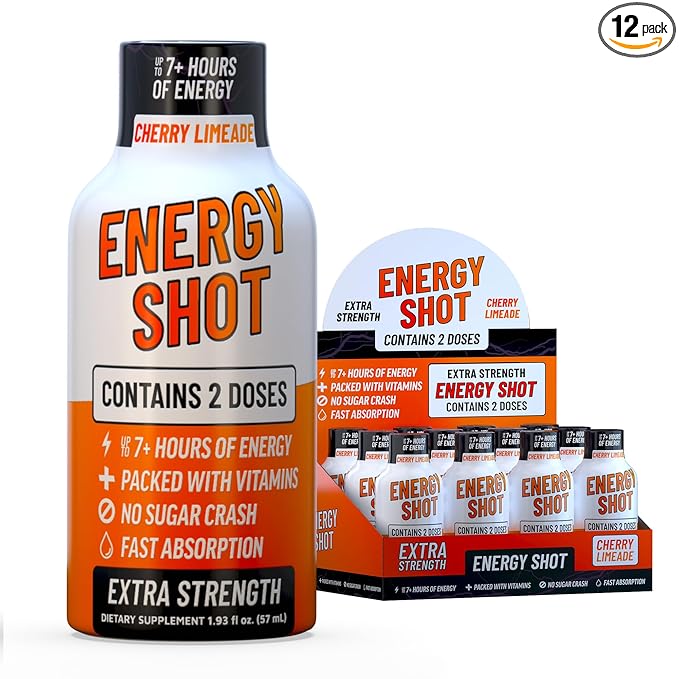Energy Shot – 2 Servings – 100% DV B-Vitamins & 130mg Plant-Based Caffeine – Zero Calories, Sugar-Free, Vegan, Non-GMO – Energy & Productivity Support (1.93 Fl Oz (Pack of 12), Cherry Limeade)
