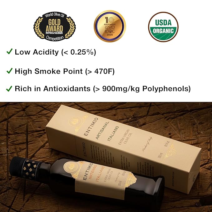 Entimio Intenso +900 mg/kg Polyphenol Rich Organic Extra Virgin Olive Oil, New 2024-2025 Early Harvest Italian Olive Oil from Puglia, Italy, 2025 Gold Winner, Cold Extracted, Lab Tested - 8.5 fl oz