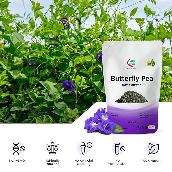 Butterfly Pea Flower 4 oz, Loose Leaf Cut & Sifted (300+ Cups), Non-GMO Dried Flowers, Natural Blue, Purple Drinks & Food Coloring, Premium Quality, By Yogiโs Giftยฎ