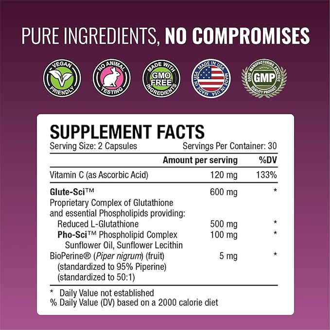 Approved Science® Glutathione - Glutathione 500 mg - Phospholipid Complex, Vitamin C, Bioperine - Top Antioxidant to Help Neutralize Free Radical - Vegan Friendly - 60 Capsules per Bottle - 6 Bottles