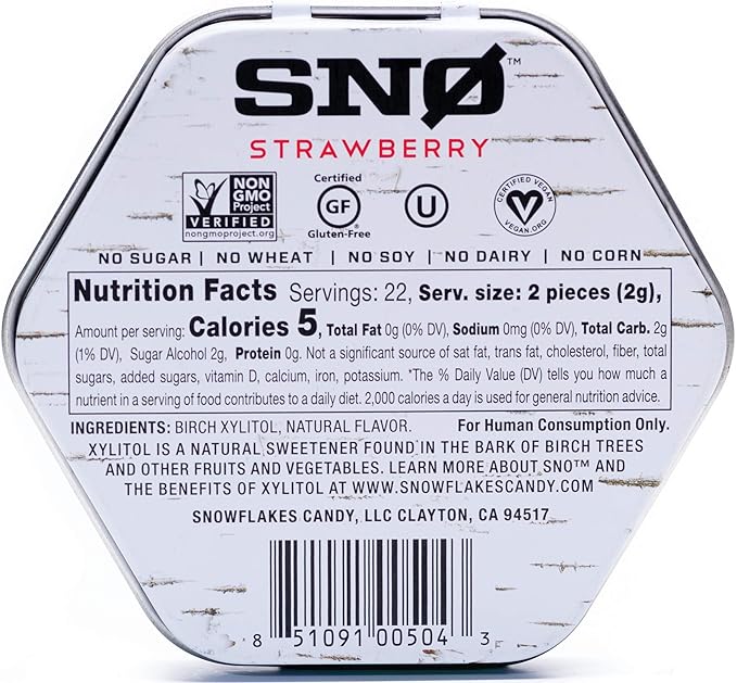 Strawberry Xylitol Candy Chips (6-Pack) - SNØ 1.5oz Tins - Handcrafted w/ONLY 2 Ingredients | Diabetic-friendly, Non-GMO, Vegan, Keto, GF & Kosher | Purest sugar-free candy in the world