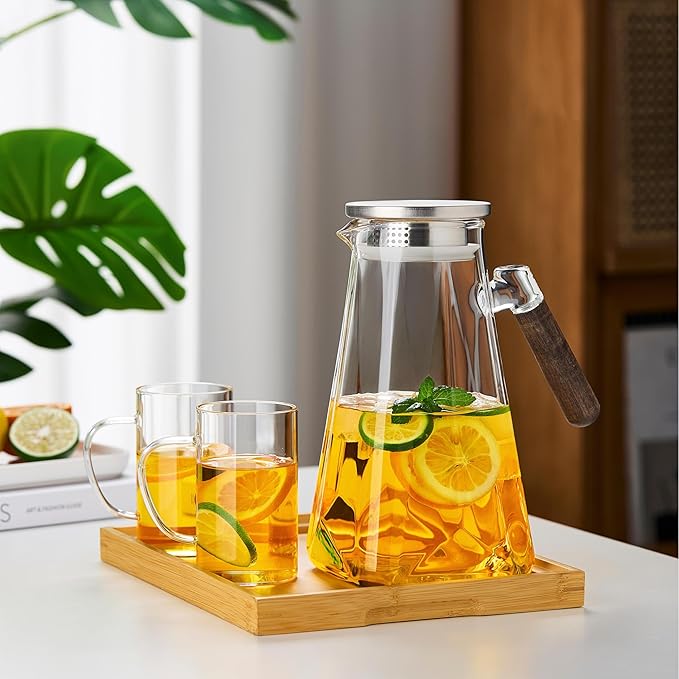 2L Glass Pitcher with Lid and Spout, Water Jug, 68 OZ Carafe for Hot/Cold Water, Large Iced Tea Pitcher for Coffee, Juice and Homemade Beverage