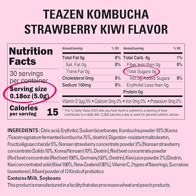 TEAZEN Strawberry Kiwi Kombucha Tea, Hydration Drink Mix, Sugar Free, Live Probiotics & Prebiotics, 30 Sticks, 5.29oz